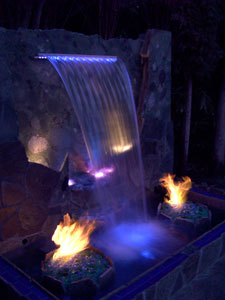 Custom water fall with fiber optic lighting and fireglass